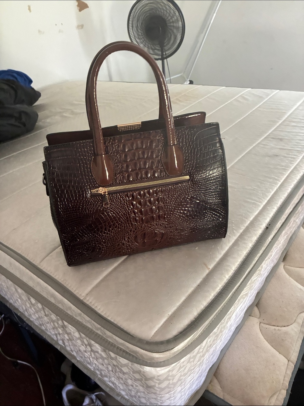 Croc-Embossed Structured Satchel in Dark Brown with Gold Hardware